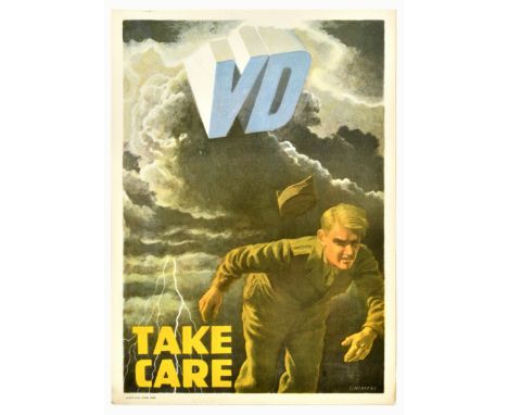 Original vintage propaganda poster aimed at allied soldiers stationed in Europe after the World War Two - VD Take Care - a mi