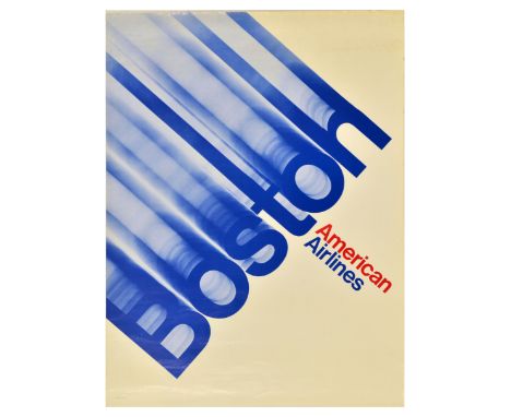 Original vintage travel advertising poster promoting flights to Boston with American Airlines, featuring an illustration with