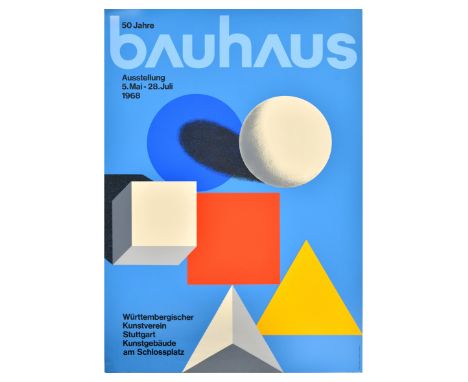 Original vintage advertising poster for 50 years of Bauhaus Exhibition which took place from 5 May to 28 July 1968 at Wurttem