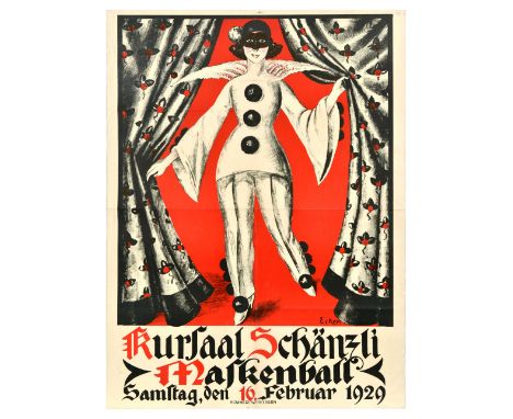 Original vintage advertising poster for a masked ball Maskenball Kursaal Schanzli on 16 February 1929 featuring a great desig