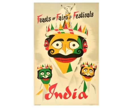 Original vintage travel advertising poster for India - Feasts of Fairs &amp; Festivals, featuring an illustration of crowned 