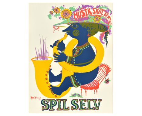 Original vintage music advertising poster for Spil Selv music festival featuring a great illustration by a Danish painter, de