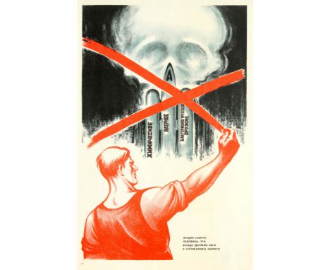 Original vintage Soviet propaganda poster - Monuments of Death are Prohibited - featuring a dynamic illustration of nuclear b