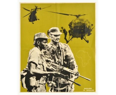 Original vintage propaganda poster - Shoulder to shoulder - featuring a photograph of two soldiers holding guns, with a parat