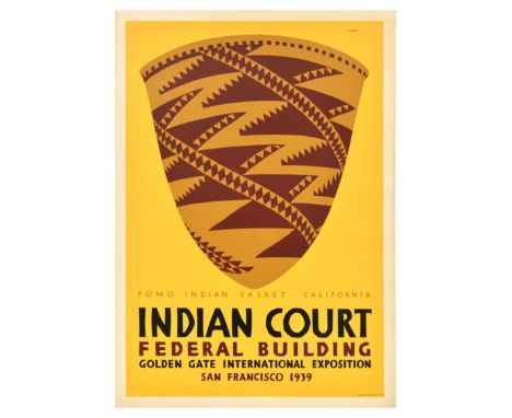 Original vintage exhibition poster featuring artwork by Louis Siegriest (1899-1990) depicting a pomo Indian basket against a 