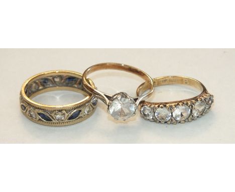 Three 9ct gold rings set synthetic stones, sizes N-O, 8.6g, (3).