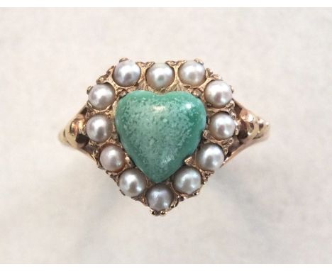 A modern green jade and demi-pearl heart-shaped cluster ring with 9ct gold mount, size L, 4.2g.