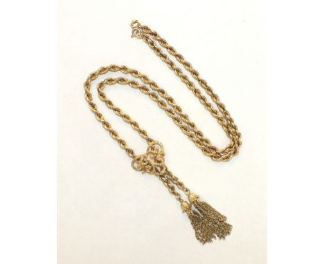 A 9ct gold rope-link neck chain with scrolling panel and tassel terminals, 22g.