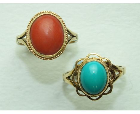 A modern 9ct gold ring set turquoise cabochon, size L½ and another, similar, set coral cabochon, size K½, 6g, (2).