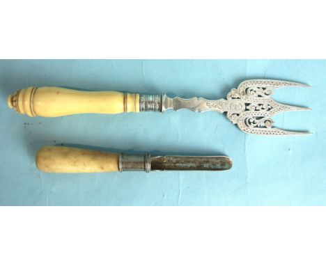 A Late-George-III apple corer with ivory handle, London 1805 and a Victorian pickle fork with engraved decoration, Sheffield 