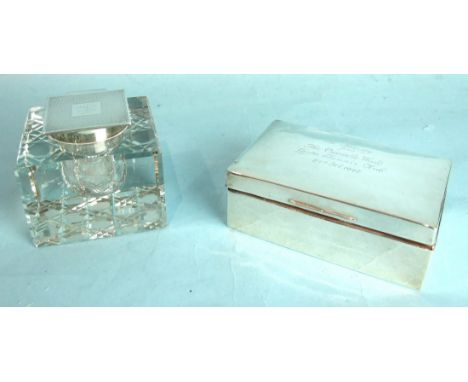 A heavy cut-glass inkwell with engine-turned silver-hinged lid, by Mappin &amp; Webb, 9cm square, 8cm high, lid with inscript