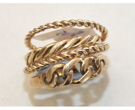 Three 9ct gold rings of rope-twist form, sizes G, K and M and another 9ct gold ring, size M, 5.6g, (4).