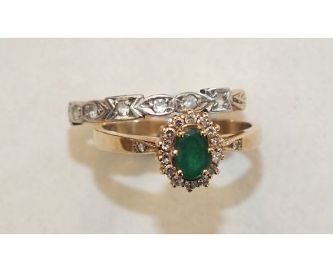 A 9ct gold emerald and synthetic white stone cluster ring, size R½ and a 9ct gold half-eternity ring, size O, 4.8g, (2).