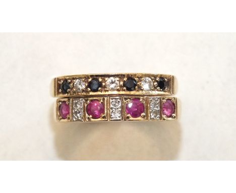 A ruby and diamond 9ct gold half-hoop ring, size Q½ and a similar sapphire and diamond ring, size P½, 4.5g, (2).