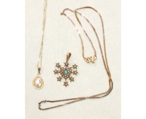 A small pendant of heart shape set a turquoise and pearl heart-shaped cluster, within a border of pearl-set stars, on modern 