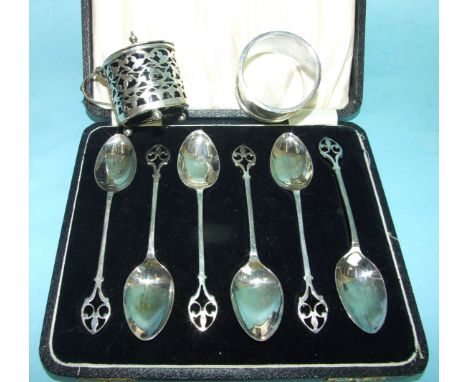 A set of six coffee spoons with pierced terminals, in case, Birmingham 1931, a pierced 20th century cruet and an engine-turne