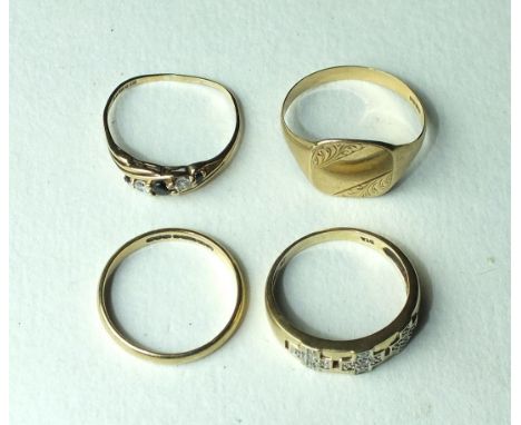 A gold ring set 8/8-cut diamonds, size R and three other 9ct gold rings, one set synthetic stones, 7.8g, (4).