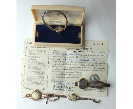 A ladies 9ct-gold-cased wrist watch with gold expanding bracelet, (a/f), 17g, a Rotary 9ct-gold-cased wrist watch with plated