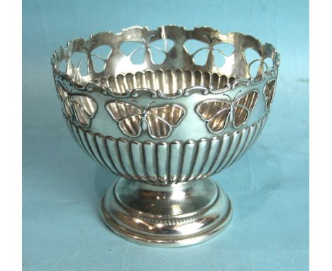 A Mappin &amp; Webb circular bowl with half-gadrooned decoration, the border with pierced butterflies, standing on a circular