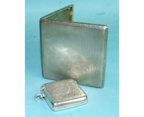 A square engine-turned cigarette case, 8.5cm, Birmingham 1929, inscription inside and an engraved Vesta case, Birmingham 1910