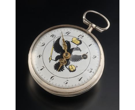 Feine silberne Spindeltaschenuhr. Glattes Gehäuse. Tadelloses Emailzifferblatt mit Habsburger Doppeladler inkl. den Insignien