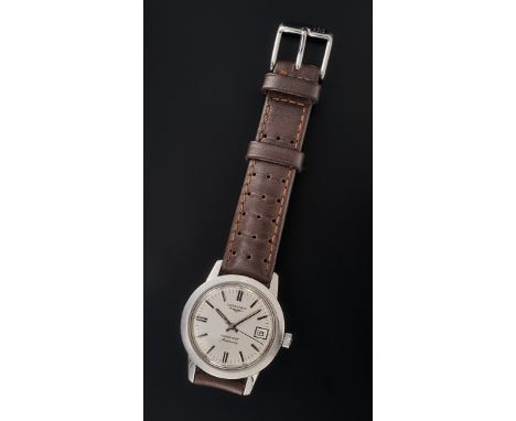 Seltene Longines Herrenarmbanduhr. Modell "Conquest" (der Eroberer). Stahlgehäuse, Schraubboden, Serien-Nr. 165069. Originalk