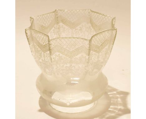 Glass oil lamp shade with engraved floral design, 18cm high