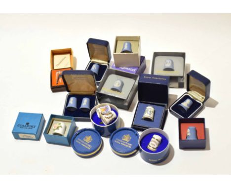 Group of miniature Wedgwood jasperwares and Royal Worcester thimbles, the jasperwares also modelled as thimbles (qty)   