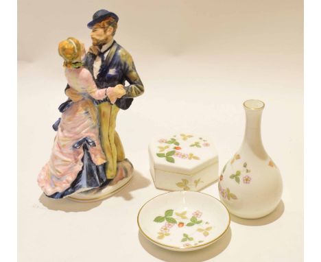 Wedgwood Wild Strawberry vase together with a small dish and octagonal box and cover, all in the same pattern, with a Royal W