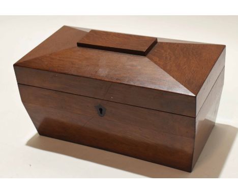 19th century mahogany tea caddy, sarcophagus top and fitted interior with two lidded sliding compartments (mixing bowl missin