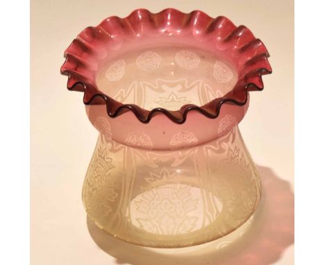 Oil lamp shade of cranberry colour with engraved design  