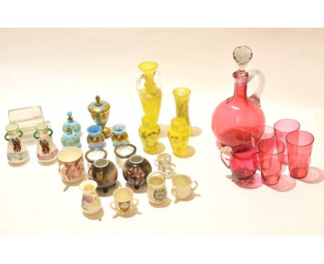 Group of coloured glass wares including a ruby glass decanter with four beakers, blue and gilt glass and two Royal Doulton Ch