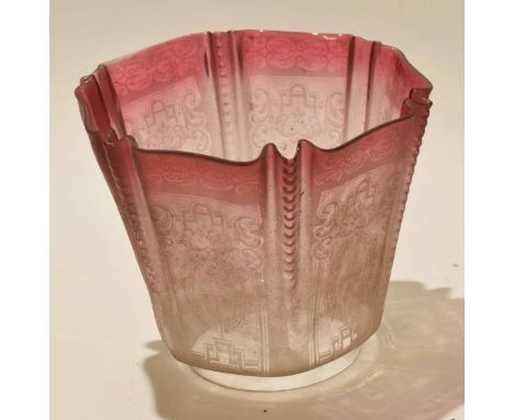 Cranberry coloured glass oil lamp shade with engraved design