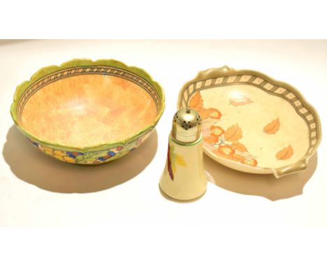 Group of Charlotte Rhead wares and a Clarice Cliff sugar shaker with an autumn leaf design, the Charlotte Rhead wares also wi