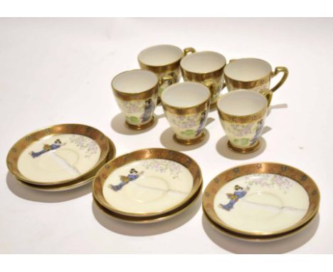 Group of six Noritake cups and saucers with a design of Japanese ladies by a pagoda within gilt borders, the saucers 11cm dia