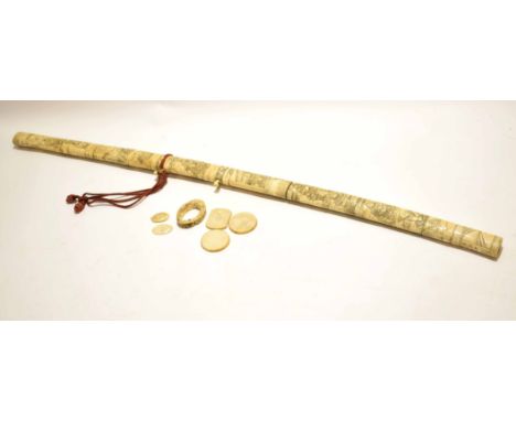 Early 20th century Burmese ivory sword with incised decoration to scabbard of various Oriental characters, 90cm long