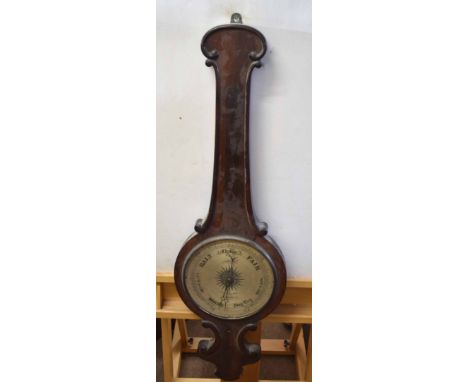19th century rosewood wheel barometer with scroll pediment (vernier missing, glass missing, other losses throughout), 103cm l