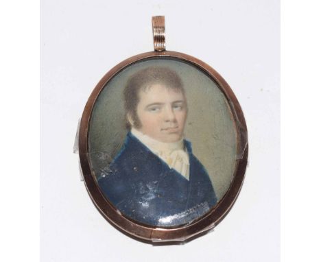 19th century English School portrait miniature, Head and shoulders portrait of a gent wearing blue coat, 7 x 6cm