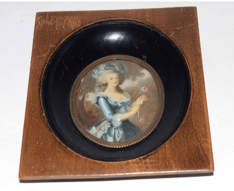 Indistinctly signed 20th century portrait miniature, Portrait of a Gainsborough lady, 8 x 7cm  