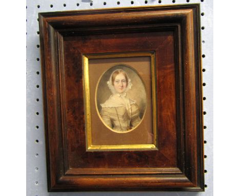 English School (early 19th century), Half-length portrait of a seated lady wearing lace bonnet, portrait miniature, 9 x 6cm, 