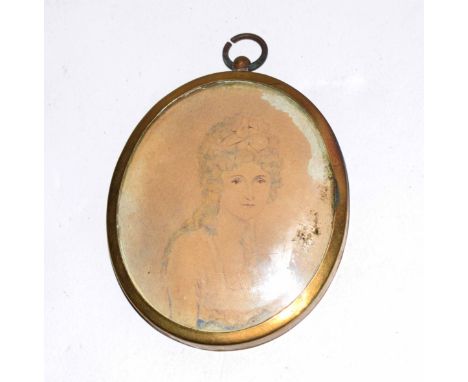 19th century English School, portrait miniature, Half length portrait of a lady, 7 x 6cm  