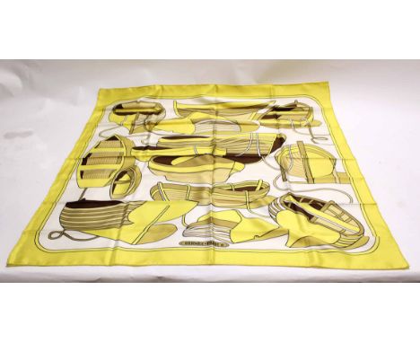 Hermes silk scarf depicting boats, one with the name Thalassa (tall ship built in 1980), the scarf signed Hermes - Paris in o