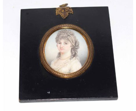 20th century portrait miniature, Head and shoulders portrait of a lady, 8 x 6cm