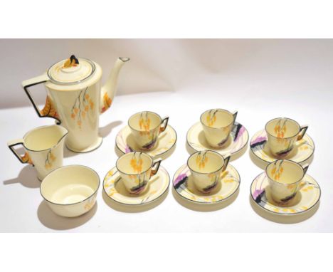 Burleigh ware Art Deco coffee set comprising coffee pot, milk jug, sugar bowl, six coffee cups and saucers, all decorated wit