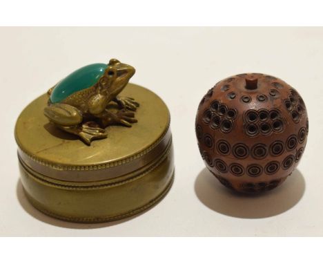 Brass metal circular box with frog finial and emerald type stone to back, together with an Oriental carved wooden box with sc