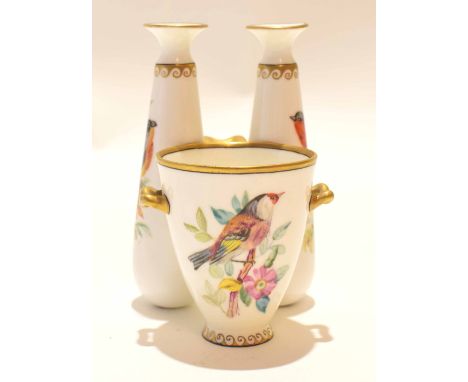 Mid-19th century Worcester spill vase decorated with birds, flanked by two tapering vases also finely painted with birds, blu