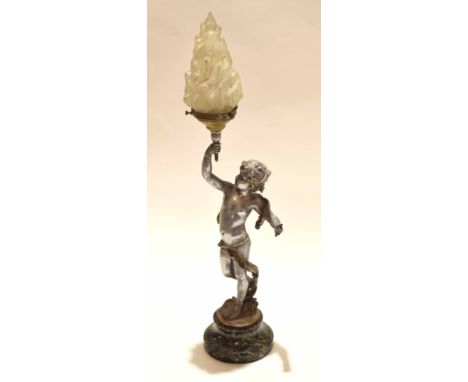 Art Nouveau style table lamp modelled as a cherub after August Moreau, 33cm high