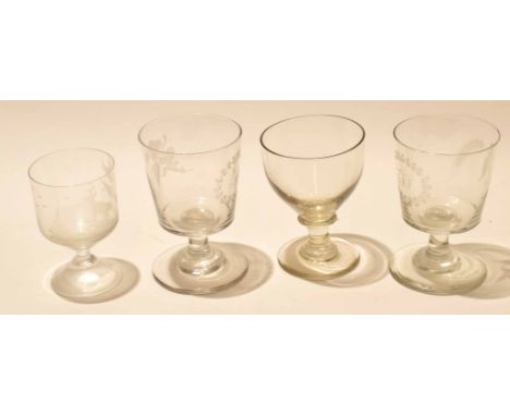 Group of assorted wine glasses some with engraved design of hunting scenes (4)  
