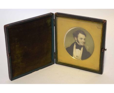Attributed to Edward Robertson, portrait miniature, Head and Shoulders portrait of a gent in black coat circa 1850, 8 x 7cm