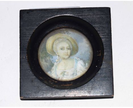 19th century portrait miniature, Head and shoulders portrait of a young girl wearing straw bonnet, 5cm diam